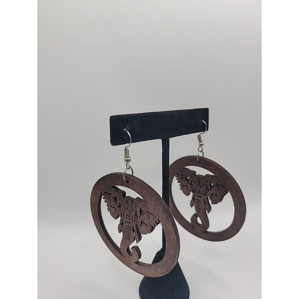 Wood Elephant Dangle Earrings Boho Afrocentric Statement Round Hoop Laser Cut Br